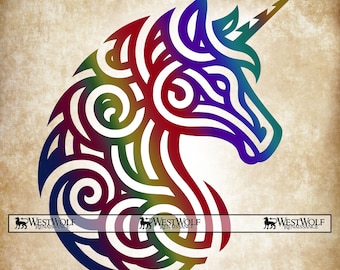 May include: A colorful unicorn head silhouette with a rainbow gradient design. The artwork features intricate lines and swirls, set against a textured, tan background. The text "WEST WOLF RENAISSANCE" is at the bottom.