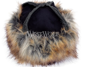 Red and Grey Fox Fur-Trimmed Viking Hat with Black Suede Top - (Faux Fur)