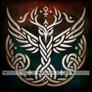 May include: A white, stylized design featuring a deer-like creature with outstretched wings and intricate knotwork. The design includes a symbol at the top and is set against a dark, textured background with the text "WESTWOLF RENAISSANCE" at the bottom.