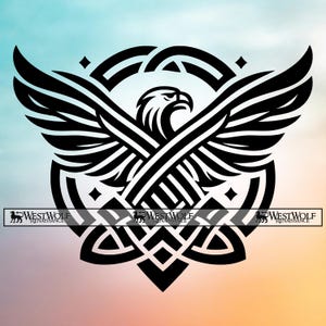 May include: Black and white graphic of an eagle with outstretched wings, set within a circular Celtic knot design. The image includes the text "WESTWOLF RENAISSANCE" at the bottom. The eagle's wings are detailed with intricate feather patterns.