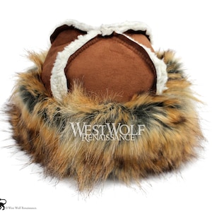 Roodachtig-gouden vossenbont Vikinghoed met Sierra Brown Top --- Noors/Scandinavisch/Noorwegen/Zweden/Faux Fur/Suede/Sherpa/Hoofddeksels/Cap