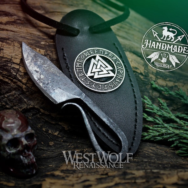 Small Hand-Forged Functional Viking Knife Necklace with Leather Sheath --- Norse/Celtic/Medieval/Valknut/Runes/Miniature Neck Knife