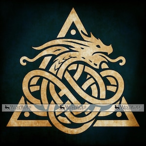 May include: A golden dragon design within a triangle, set against a dark teal background. The dragon is intricately detailed with Celtic knotwork, and the image has a textured, aged appearance. The design includes the text "WestWolf Renaissance".