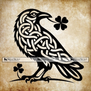 May include: Black raven silhouette with Celtic knotwork design, holding a four-leaf clover in its beak. The raven is perched on a branch, set against a sepia-toned background. The image includes the text "WEST WOLF RENAISSANCE".