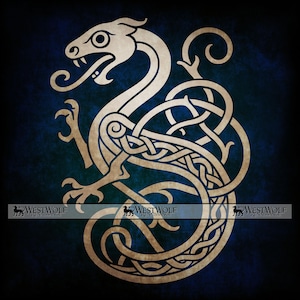 May include: A beige dragon illustration in a Celtic knot design against a dark blue background. The dragon's body is intertwined with intricate knotwork. The image has a textured, aged appearance, with the text "WESTWOLF RENAISSANCE" at the bottom.
