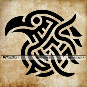 May include: A black eagle design with detailed knotwork against a textured, tan backdrop. The eagle's head is in profile, featuring a curved beak and eye. The image includes the text "WESTWOLF RENAISSANCE" at the bottom.