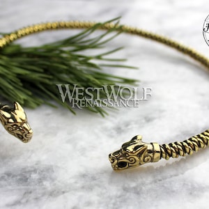 Viking Fenrir Wolf Head Neck Torc with Knit Style Bangle --- Norse/Mythology/Ragnarok/Gold/Celtic/Necklace