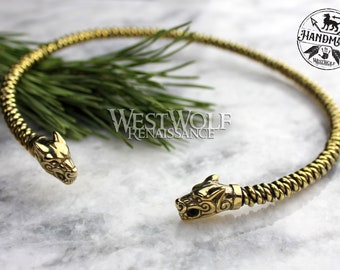 Viking Fenrir Wolf Head Neck Torc with Knit Style Bangle --- Norse/Mythology/Ragnarok/Gold/Celtic/Necklace