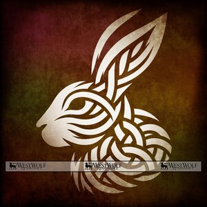 May include: A cream-colored rabbit design with intricate knotwork, set against a textured background of deep red, brown, and green hues. The image features the text "WestWolf Renaissance" at the bottom.