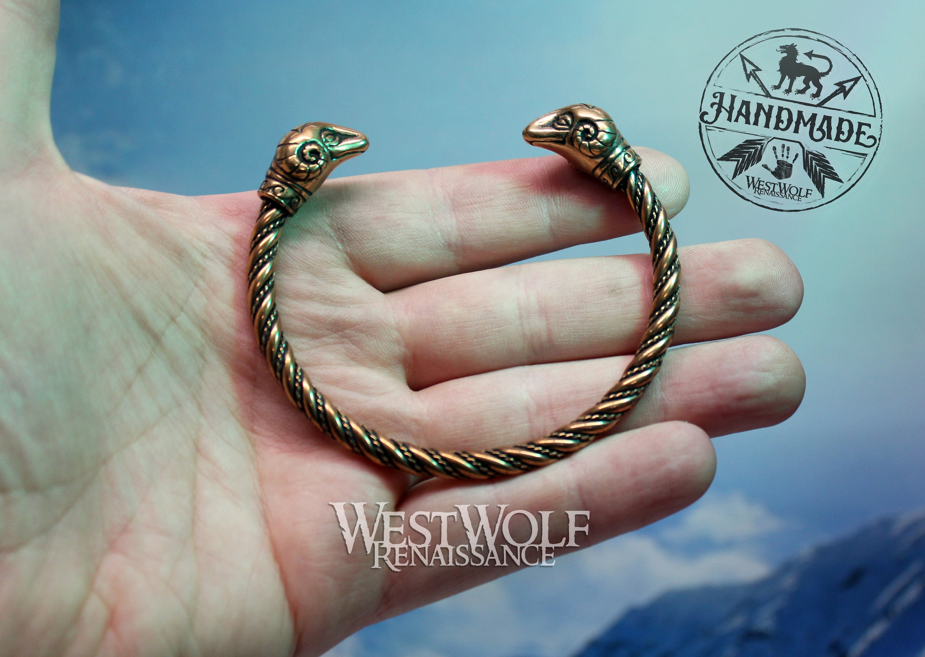 Solid Bronze Ram's Head Torc Bracelet - Aries Symbol - Viking