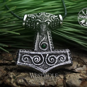 Thor&#39;s Hammer &quot;Mjolnir&quot; Pendant with Green Center Stone --- Viking/Norse/Odin/Valhalla/Power/Silver/Jewelry/Nordic/Skyrim