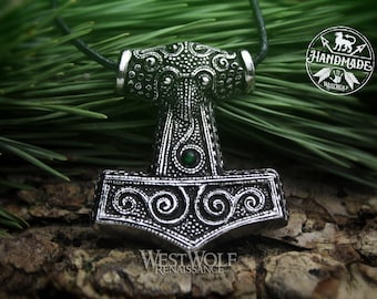 Pendentif marteau « Mjolnir » de Thor avec pierre centrale verte --- Viking/Norse/Odin/Valhalla/Énergie/Argent/Bijoux/Nordique/Skyrim