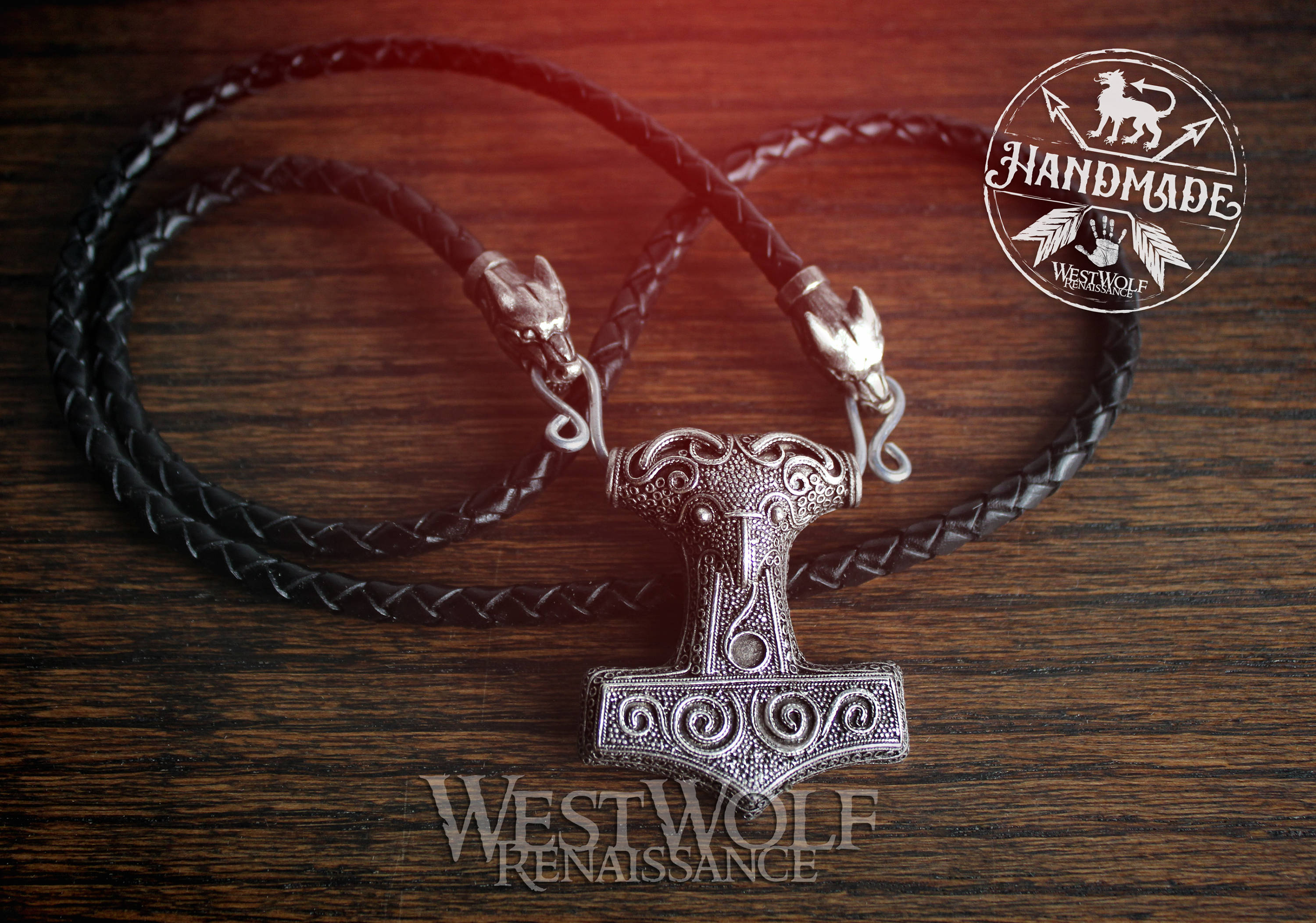 Set Braided Leather Cord Wolf Viking Necklace With Thors Hammer
