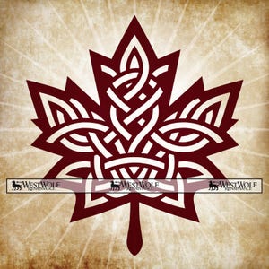 May include: A burgundy maple leaf design featuring Celtic knotwork. The leaf is set against a beige background with radial light beams. The text "WESTWOLF RENAISSANCE" is displayed at the bottom of the image.
