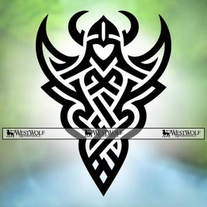 May include: Black Viking helmet and abstract design. The image features a symmetrical, intricate pattern with a helmet at the top and a pointed base. The design includes curved lines and knot-like elements. The text "WESTWOLF RENAISSANCE" is at the bottom.