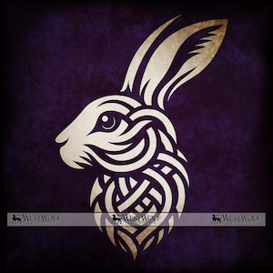 May include: A cream-colored rabbit head design with intricate knotwork, set against a deep purple background. The rabbit's profile is detailed with swirling lines and a textured appearance. The WestWolf Renaissance logo is at the bottom.