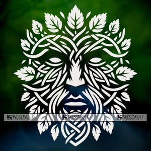 Puede incluir: Diseño blanco de Green Man celta sobre un fondo verde oscuro y azul. El diseño presenta una cara con hojas y patrones entrelazados, con el texto "WESTWOLF RENAISSANCE" en la parte inferior.