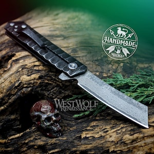 Damascus Steel Frame-Lock Folding Pocket Knife with Belt Clip and Chopper Style Blade --- Folder/Modern/Medieval/Viking/Practical Use
