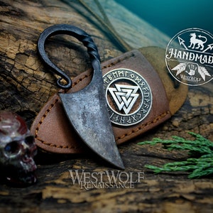 Small Hand-Forged Functional Viking Knife Necklace with Leather Sheath --- Norse/Celtic/Medieval/Valknut/Runes/Miniature Neck Knife