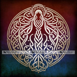 May include: A circular, Celtic-inspired design in cream against a gradient background of red, blue, and brown. The design features intricate knotwork and a central figure. The text "WESTWOLF RENAISSANCE" is at the bottom.
