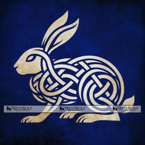 May include: A cream-colored rabbit design with Celtic knotwork on a deep blue background. The rabbit is depicted in profile, with intricate knot patterns forming its body. The image has a textured, aged appearance, with the text "WESTWOLF RENAISSANCE" at the bottom.