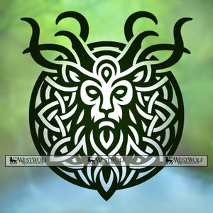 May include: A black and white Celtic knot design featuring a stylized face with antlers, a beard, and intricate knotwork within a circular frame. The image includes the text "WESTWOLF RENAISSANCE".