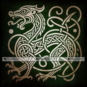 May include: A beige Celtic dragon design on a dark green background. The dragon is intricately detailed with interwoven patterns and a stylized appearance. The image includes the text "WESTWOLF RENAISSANCE" at the bottom.