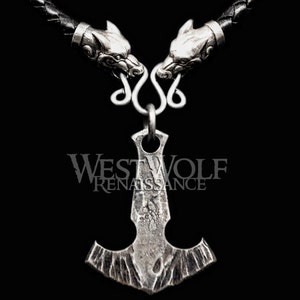Large Forged Viking MJOLNIR Thor&#39;s Hammer Pendant + Leather Wolf Bolo Necklace - Norse Mythology Jewlery