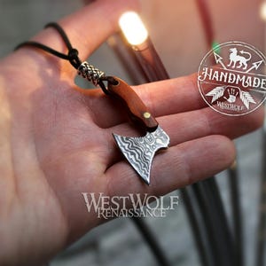 Small Viking Axe Pendant - Sharp Blade with Wood Handle and Leather Sheath --- Norse/Celtic/Medieval/Damascus/Miniature Ax/Hatchet image 7