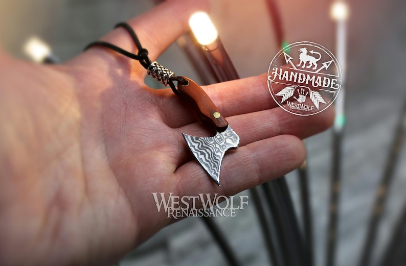 Small Viking Axe Pendant - Sharp Blade with Wood Handle and Leather Sheath --- Norse/Celtic/Medieval/Damascus/Miniature Ax/Hatchet image 7