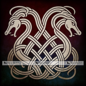 May include: A symmetrical, cream-colored Viking-style design featuring two serpent-like creatures intertwined with intricate knotwork. The background transitions from dark red to blue-green. The text "WESTWOLF RENAISSANCE" is at the bottom.