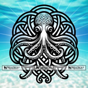 May include: Black and white illustration of an octopus with Celtic knotwork design. The octopus is centered, with tentacles extending outwards. The background is a gradient of blue and white. The text "WEST WOLF RENAISSANCE" is at the bottom.