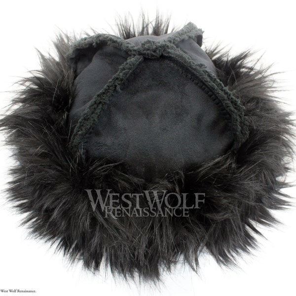 Black Fox Fur-Trimmed Viking Hat with Black Suede Top - (Faux Fur)