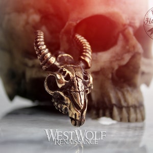 Baphomet Demon Skull Pendant - Solid Bronze -- Goat Skull/Head/Gothic/Medieval/Templar/Pagan/Norse/Celtic/Tribal/Necklace/Gold/Jewelry