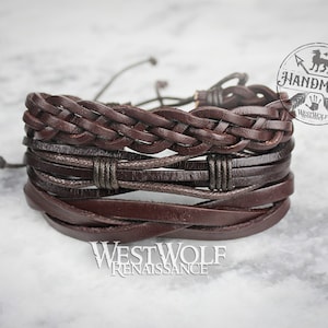 Leather Viking Triple Bracelet or Cuff - Adjustable Size - Made of Leather and Rope --- Wrist Jewelry/Braided/Weave