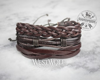 Leather Viking Triple Bracelet or Cuff - Adjustable Size - Made of Leather and Rope --- Wrist Jewelry/Braided/Weave