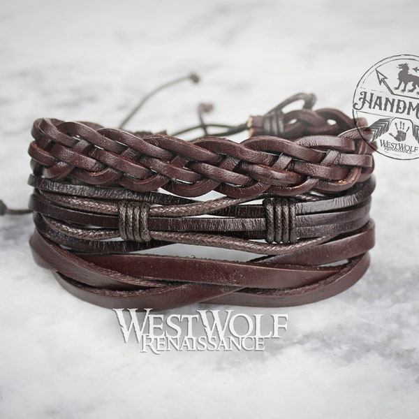 Leather Viking Triple Bracelet or Cuff - Adjustable Size - Made of Leather and Rope --- Wrist Jewelry/Braided/Weave