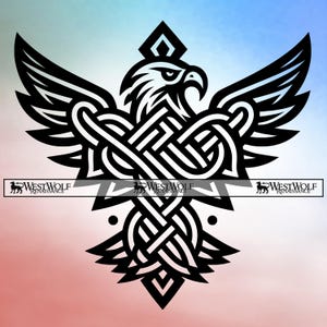 May include: Black and white eagle design with Celtic knotwork. The eagle has outstretched wings and a geometric pattern. The image includes the text "WESTWOLF RENAISSANCE" in a banner at the bottom.