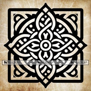 May include: Black and white Celtic knot design within a square frame. The intricate pattern features interwoven lines, circles, and a central floral-like motif. The design is set against a textured, sepia-toned background. The text "WESTWOLF RENAISSANCE" is at the bottom.