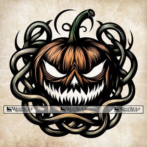 May include: A Halloween-themed illustration of a carved pumpkin with a menacing grin and glowing white eyes. The pumpkin is orange with a green stem and surrounded by black, intertwined vines. The image has a vintage, distressed look.