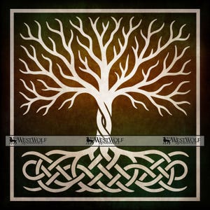 May include: White tree of life design with intertwined roots and branches, set against a gradient background of green and brown. The artwork features Celtic knotwork at the base and a WestWolf Renaissance logo.