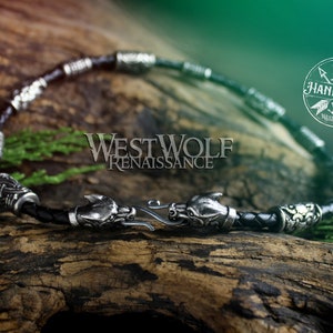 Viking Fenrir Wolf Necklace with Beads & Braided Leather Band --- Norse/Silver/Wolves/Odin/Ravens/Hugin/Munin/Bead/Torc/Torq