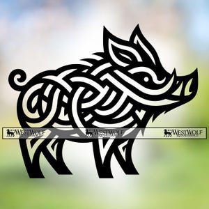 May include: Black silhouette of a boar with an elaborate Celtic knotwork design. The artwork depicts a stylized animal, with the text "WEST WOLF RENAISSANCE" at the bottom. Ideal for wall art or decorative use, the design is striking and detailed.
