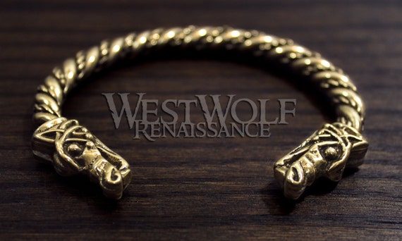 Brazalete de bronce con cabeza de lobo de vikingo, diseño de cabeza de lobo