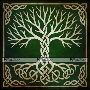 May include: A green and beige Celtic tree of life design. The tree features intertwined roots and branches, with a braided trunk. The design is framed by a beige border with Celtic knot patterns. The text "WEST WOLF RENAISSANCE" is displayed.