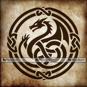 May include: A brown dragon design within a circular Celtic knot border. The dragon has a detailed head, wings, and a curved body. The background is a textured, sepia-toned surface. The text "WEST WOLF RENAISSANCE" is at the bottom.