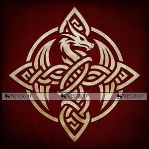 May include: A beige dragon design with Celtic knotwork on a burgundy background. The dragon is centered within a cross-like shape, with wings and a detailed head. The text "WEST WOLF RENAISSANCE" is at the bottom.