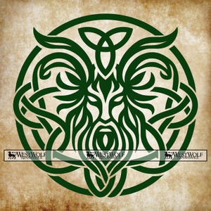 May include: A green Celtic knot design featuring a stylized face within a circle. The design includes intricate knotwork and a symmetrical face with a beard. The background is a mottled tan color, and the text "WESTWOLF RENAISSANCE" is at the bottom.