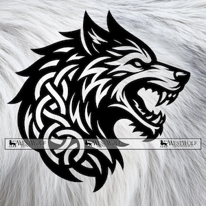 May include: A black and white graphic of a wolf's head in profile, featuring intricate Celtic knotwork and sharp teeth. The image includes the text "WESTWOLF RENAISSANCE" at the bottom. The wolf's fur is detailed, and the background is a soft, white texture.