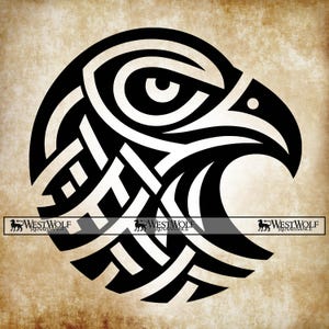 May include: A black and white graphic of an eagle's head in a tribal design. The eagle's eye is detailed, and the design features interwoven lines. The image has a sepia-toned background and includes the text "WESTWOLF RENAISSANCE".